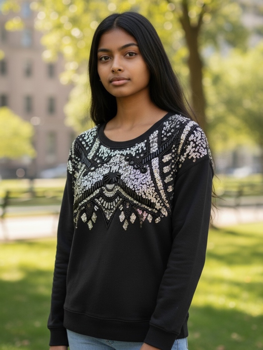 Express Black Sweatshirt with Iridescent Sequin Embellishment